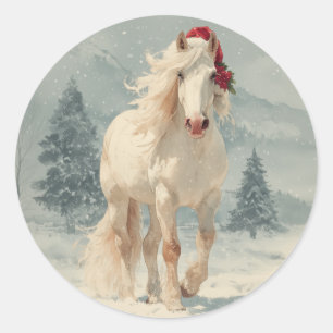 Weihnachtsaufkleber Weißes Pferd Runder Aufkleber