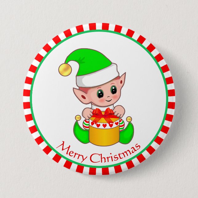 Weihnachtsbaby-Elf und Geschenkbox Button (Vorderseite)