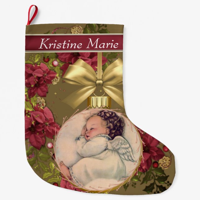 WeihnachtsBaby-Engels-Goldverzierung mit Blumen Großer Weihnachtsstrumpf (Vorderseite)