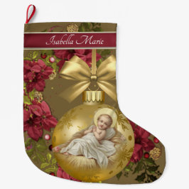 Weihnachtsbaby-Jesus-Goldverzierung mit Blumen Großer Weihnachtsstrumpf
