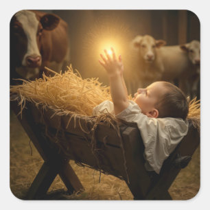 Weihnachtsbaby Jesus in einer Krippe Quadratischer Aufkleber