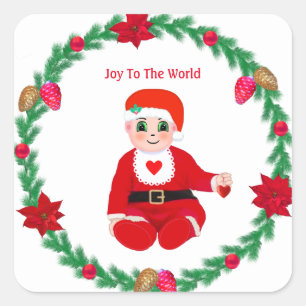 Weihnachtsbaby mit glücklichem Gesicht & Tannenkra Quadratischer Aufkleber