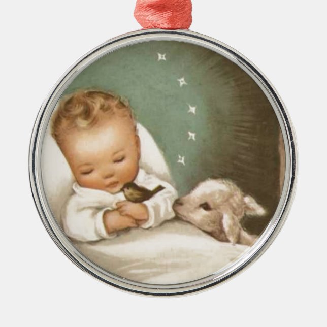 Weihnachtsbaby mit Lamm Silbernes Ornament (Vorne)