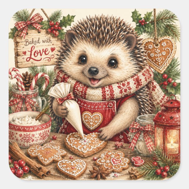 Weihnachtsbäckerei Igel Quadratischer Aufkleber (Vorderseite)