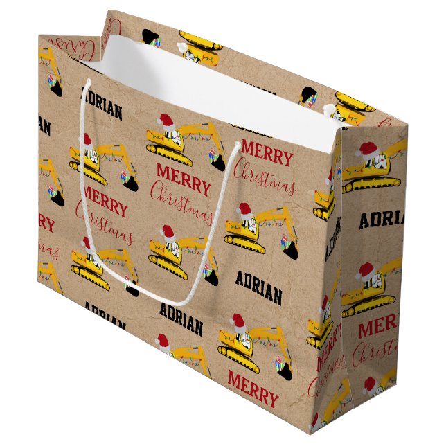 Weihnachtsbagger Individuelle Name Große Geschenktüte (Vorderseite Schrägansicht)