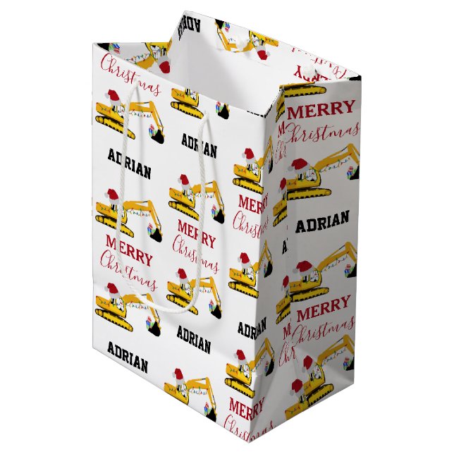 Weihnachtsbagger Individuelle Name Mittlere Geschenktüte (Vorderseite Schrägansicht)