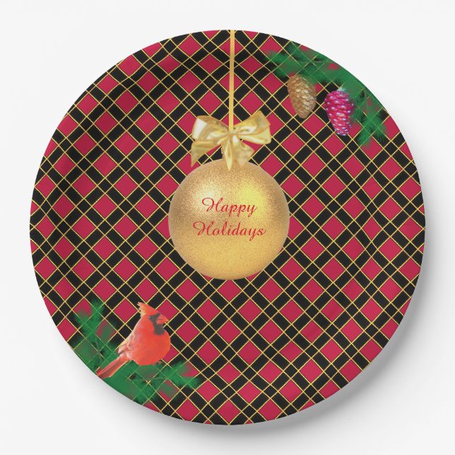 Weihnachtsball, Vogel, Kiefernzapfen auf schwarz & Pappteller (Vorderseite)
