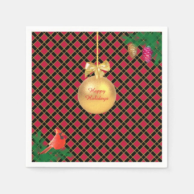 Weihnachtsball, Vogel, Kiefernzapfen auf schwarz & Serviette (Vorderseite)