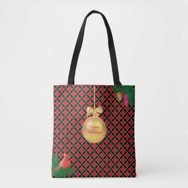 Weihnachtsball, Vogel, Kiefernzapfen auf schwarz & Tasche (Vorderseite)