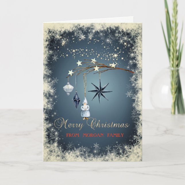 Weihnachtsbälle, Baumzweig, Schneeflocken Feiertagskarte (Vorderseite)