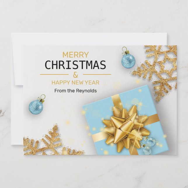 Weihnachtsbälle Blaue Geschenkboxen Gold Schneeflo Feiertagskarte (Vorderseite)