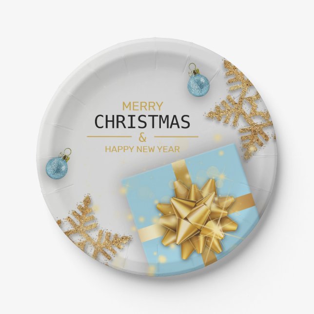 Weihnachtsbälle Blaue Geschenkboxen Gold Schneeflo Pappteller (Vorderseite)