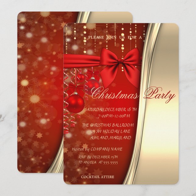 Weihnachtsbälle, Bow, Rot, Gold Corporate Party Einladung (Vorne/Hinten)