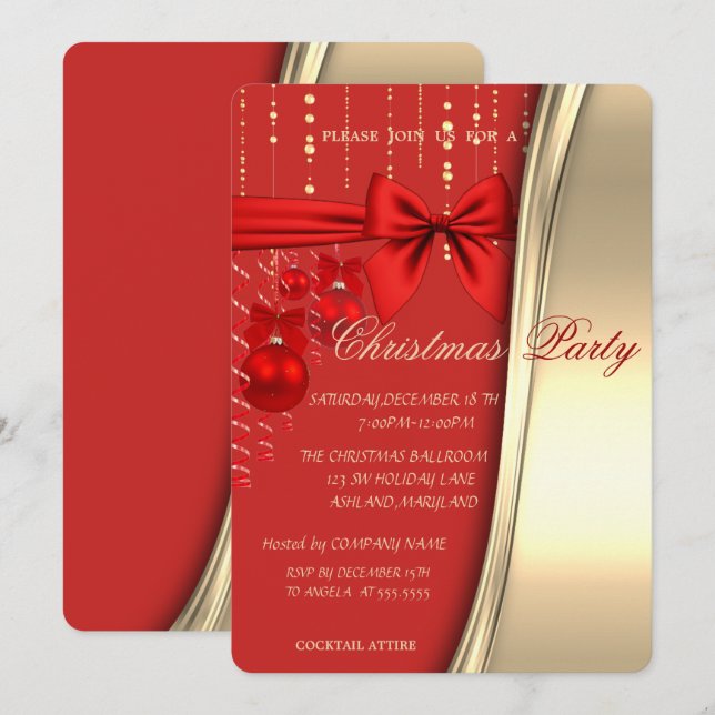 Weihnachtsbälle, Bow, Rot, Gold Corporate Party Einladung (Vorne/Hinten)