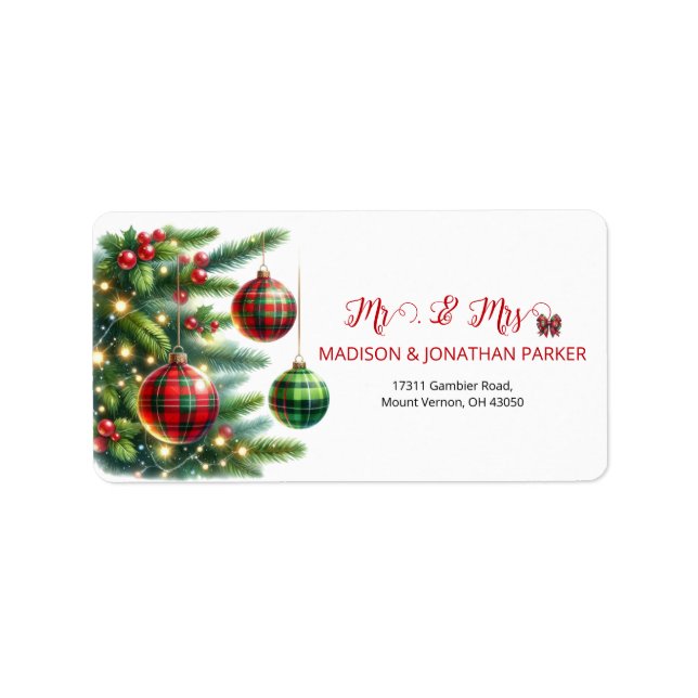Weihnachtsbälle grün und rot Kariert Adressaufkleber (Vorne)