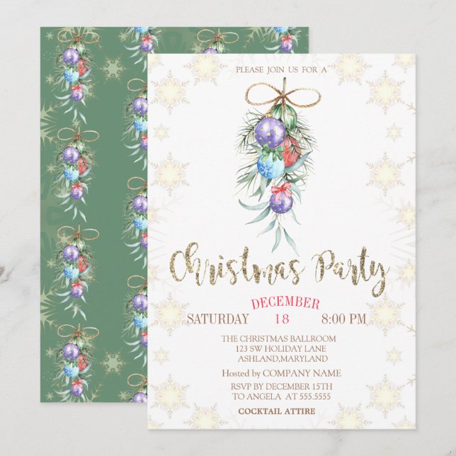 Weihnachtsbälle in Aquarellen Party Einladung (Vorne/Hinten)