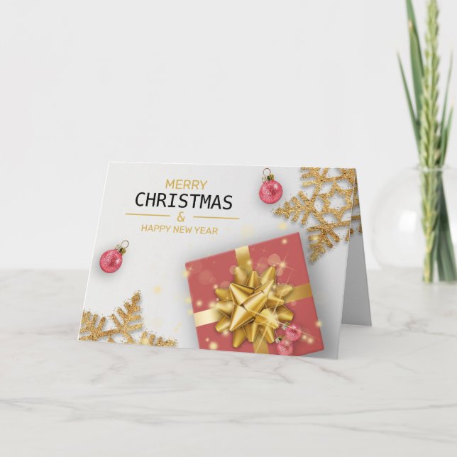 Weihnachtsbälle Rote Geschenkboxen Gold Snowflakes Karte (Vorderseite)