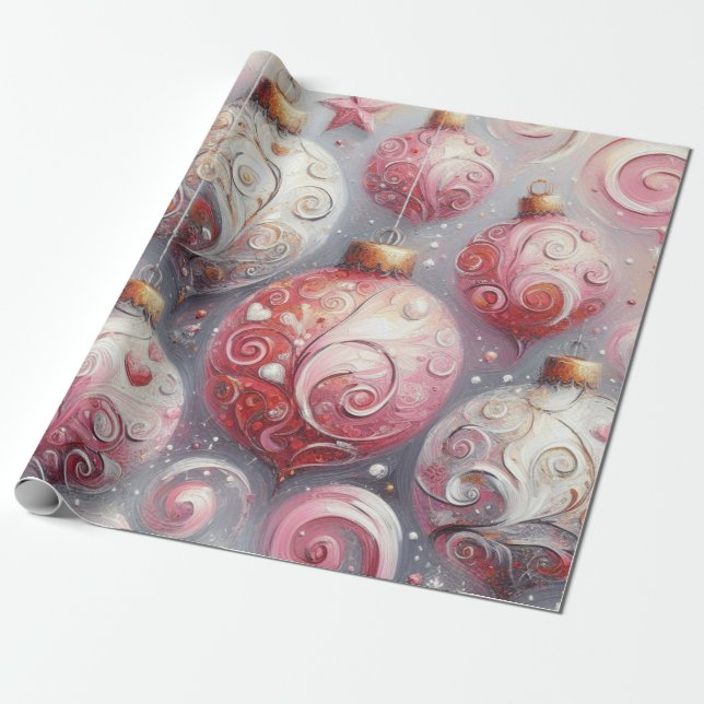 Weihnachtsbälle Whimsical Wirbel Pink White Gray Geschenkpapier (Ungerollt)
