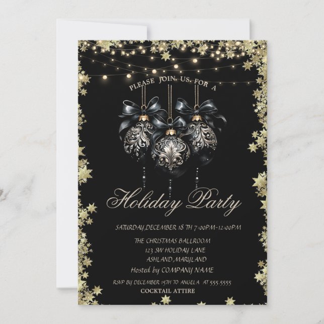 Weihnachtsballs Gold Stars Schwarzer Feiertag Einladung (Vorderseite)