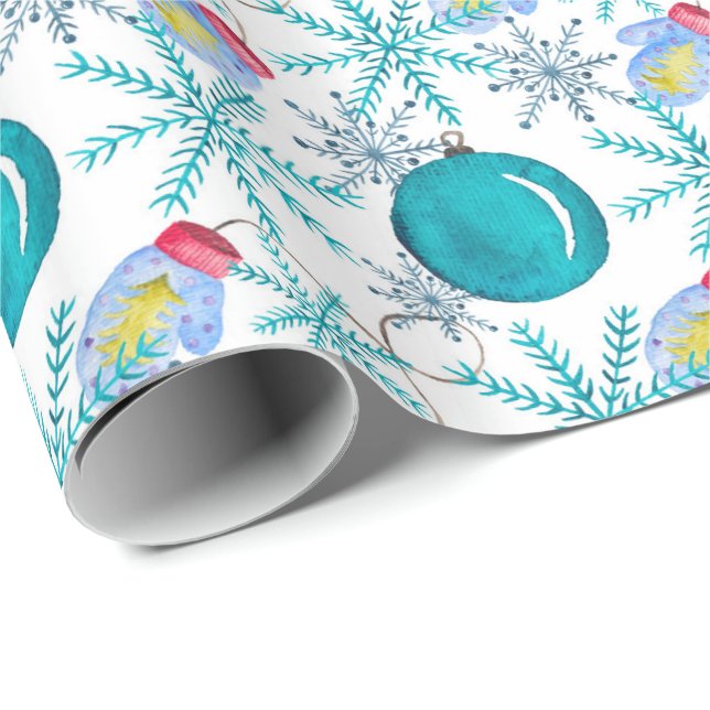 Weihnachtsballs Mitten und Schneeflocken Wasserfar Geschenkpapier (Rolleneckpunkt)