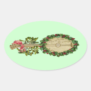 WEIHNACHTSBANJO MIT MISTELZWEIGEN UND STECHPALMENB OVALER AUFKLEBER
