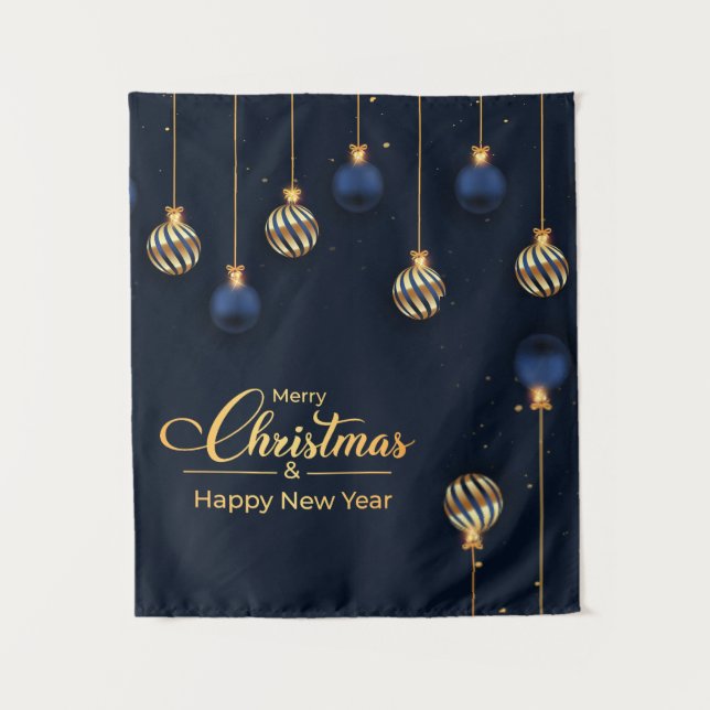 Weihnachtsbanner blauen Gold Dekorationen grüßen Wandteppich (Vorderseite)