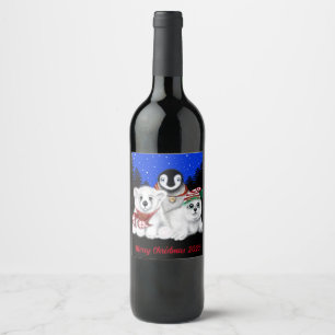 Weihnachtsbär am Nordpol, Pinguin, Siegel Weinetikett