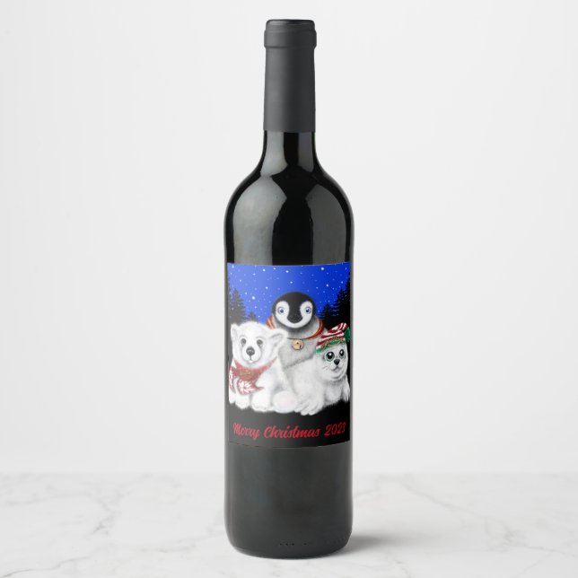 Weihnachtsbär am Nordpol, Pinguin, Siegel Weinetikett (Vorderseite)