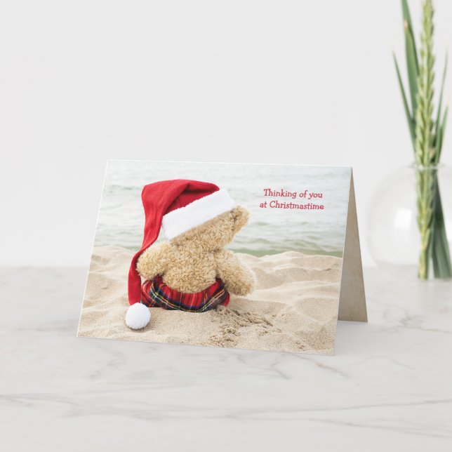 Weihnachtsbär am Strand Feiertagskarte (Vorderseite)