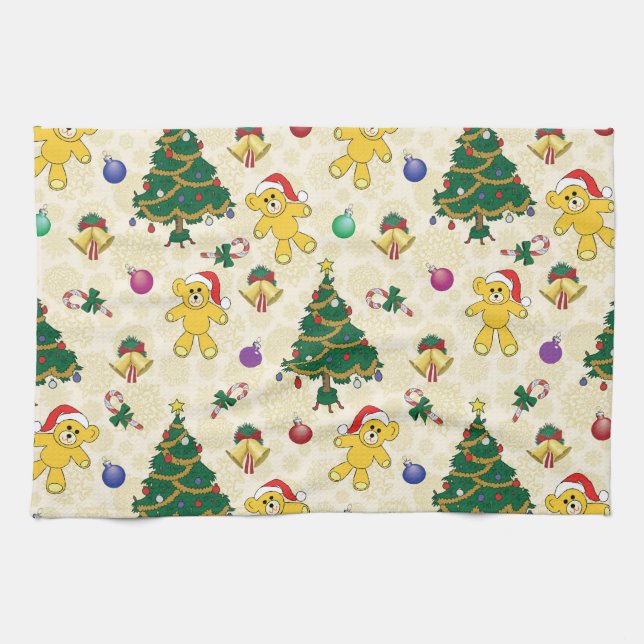 Weihnachtsbär, Glocken und Baum Geschirrtuch (Horizontal)