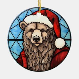 Weihnachtsbär im Buntglas-Stil Keramik Ornament