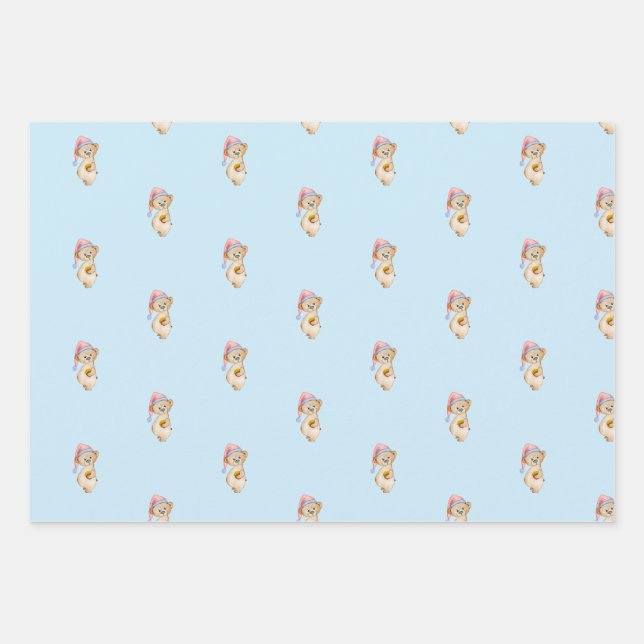 Weihnachtsbär in einer Weihnachtsmannmütze in Aqua Geschenkpapier Set (Vorderseite)