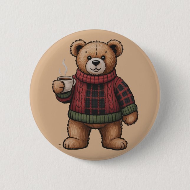 Weihnachtsbär Kaffee Retro Weihnachten passend Button (Vorderseite)