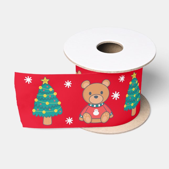 Weihnachtsbär mit Baum mit Schneeflocken Satinband (Spule)