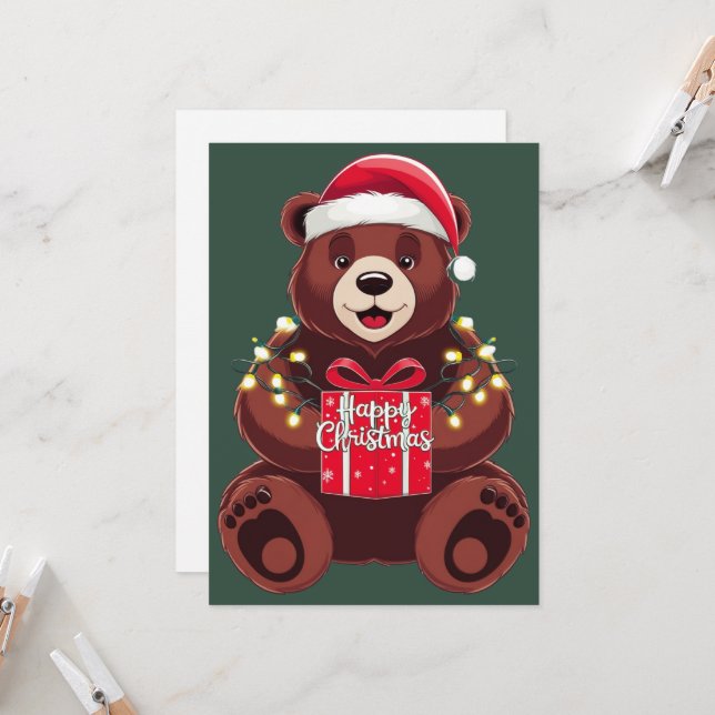 Weihnachtsbär mit Geschenk und Licht Einladung (Vorderseite/Rückseite Beispiel)