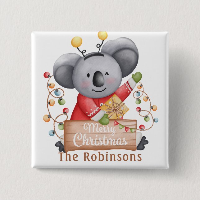 Weihnachtsbär mit Geschenk und Schneeflocken Button (Vorderseite)