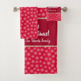Weihnachtsbär mit Geschenk und Schneeflocken, rot Badhandtuch Set