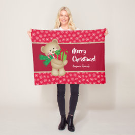 Weihnachtsbär mit Geschenk und Schneeflocken, rot Fleecedecke