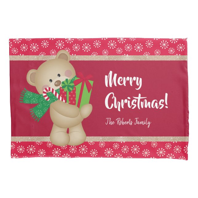 Weihnachtsbär mit Geschenk und Schneeflocken, rot Kissenbezug (Vorderseite)
