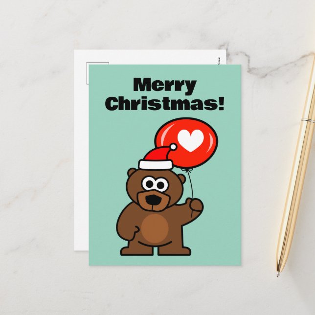 Weihnachtsbär mit romantischem Herzballon Feiertagspostkarte (Vorderseite/Rückseite Beispiel)