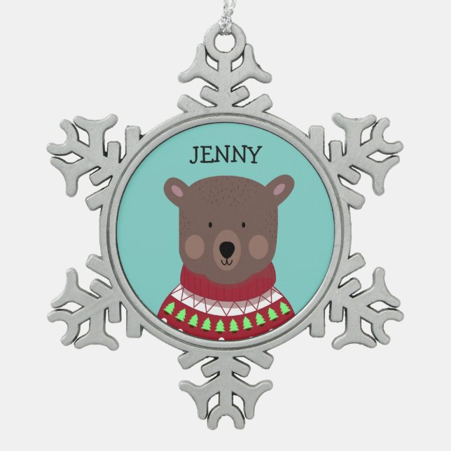 Weihnachtsbär Schneeflocken Zinn-Ornament (Vorderseite)