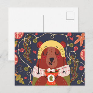Weihnachtsbär trinkt heiße Schokolade  Postkarte