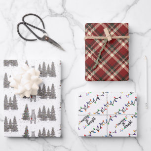 Weihnachtsbären, Karierte und Weihnachtsbeleuchtun Geschenkpapier Set