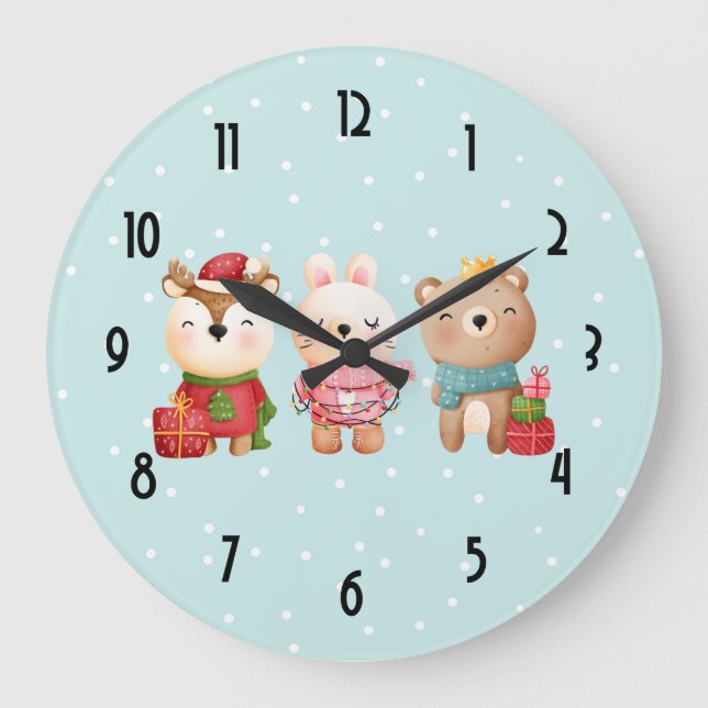 Weihnachtsbären und Kaninchen Große Wanduhr (Vorderseite)