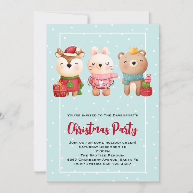 Weihnachtsbären und Kaninchen-Party Einladung (Vorderseite)