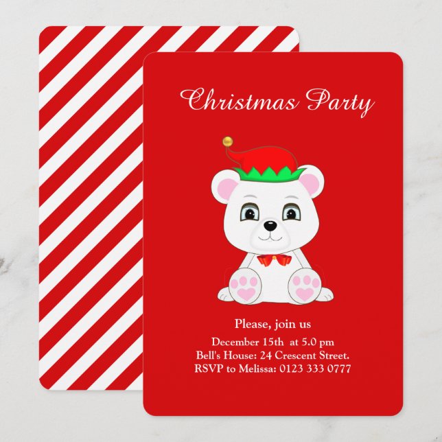 Weihnachtsbärenelf auf Roter Party Einladung (Vorne/Hinten)