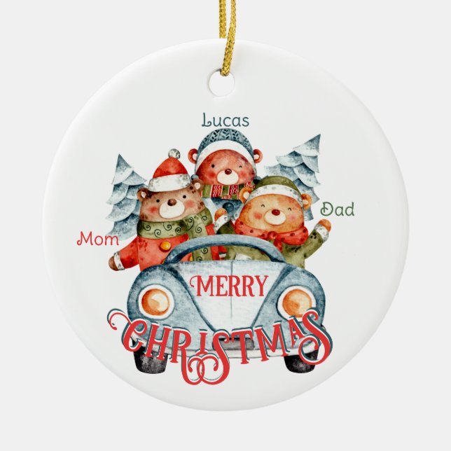 Weihnachtsbärenfamilie mit 3 Namen Keramik Ornament (Vorne)