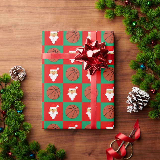 Weihnachtsbasketball und Santa Rot & Grün Schachbr Geschenkpapier (Feiertagsgeschenk)