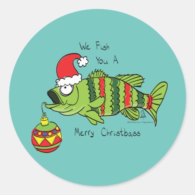 Weihnachtsbass Fischen Niedlicher Cartoon Runder Aufkleber (Vorderseite)