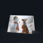 Weihnachtsbauer mit Snowman Karte<br><div class="desc">Ein Schneemann und ein irischer Setter-Hund, der Schals trägt, teilen sich einen Moment der Begleitung in einem schneebedeckten Wald</div>